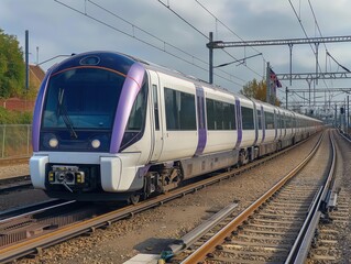 Naklejka premium Elizabeth Line Train at Shenfield station. Modern train on busy railway line with cloudy sky, rural road and industrial buildings in background. Scenic view of train travel through countryside.
