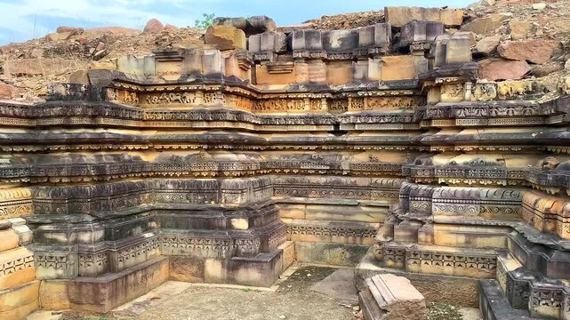 Beejamandal temple Ruins in khajuraho the group of monuments of hindu and jain temples in chhatarpur district, madhya pradesh, India.Unesco world heritage site.