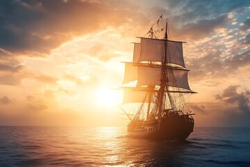Sailing Ship at Sunset on the Open Ocean