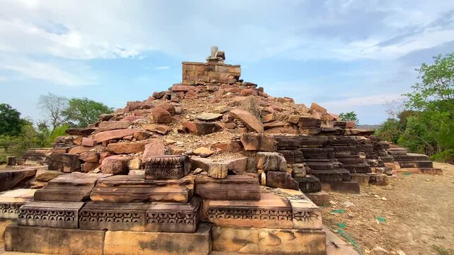 Beejamandal temple Ruins in khajuraho the group of monuments of hindu and jain temples in chhatarpur district, madhya pradesh, India.Unesco world heritage site.