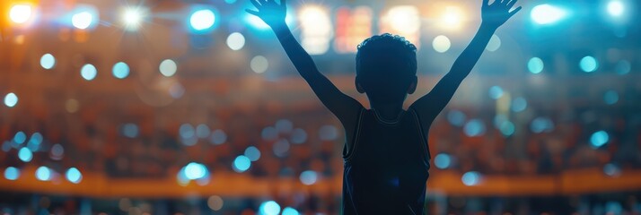 Young child stands in a packed big stadium at night, arms raised high while a vibrant crowd cheers behind them, illuminated by stadium lights, creating a dynamic and energetic atmosphere.