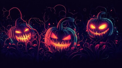 Three glowing jack-o'-lanterns in a dark, spooky setting.