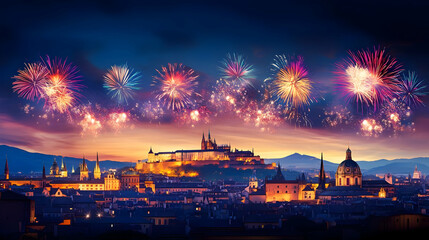 Cityscape with Fireworks Illustration