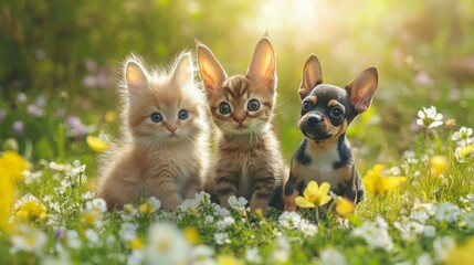 Fototapeta premium Two kittens and a puppy sit in a field of flowers.