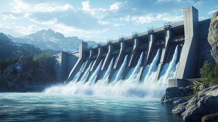 A breathtaking dam releases a cascade of water, surrounded by mountains and a clear blue sky, showcasing the power of nature and engineering.