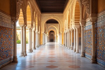 Long, perspective view of a  Moorish palace hallway with arches, columns and intricate tilework