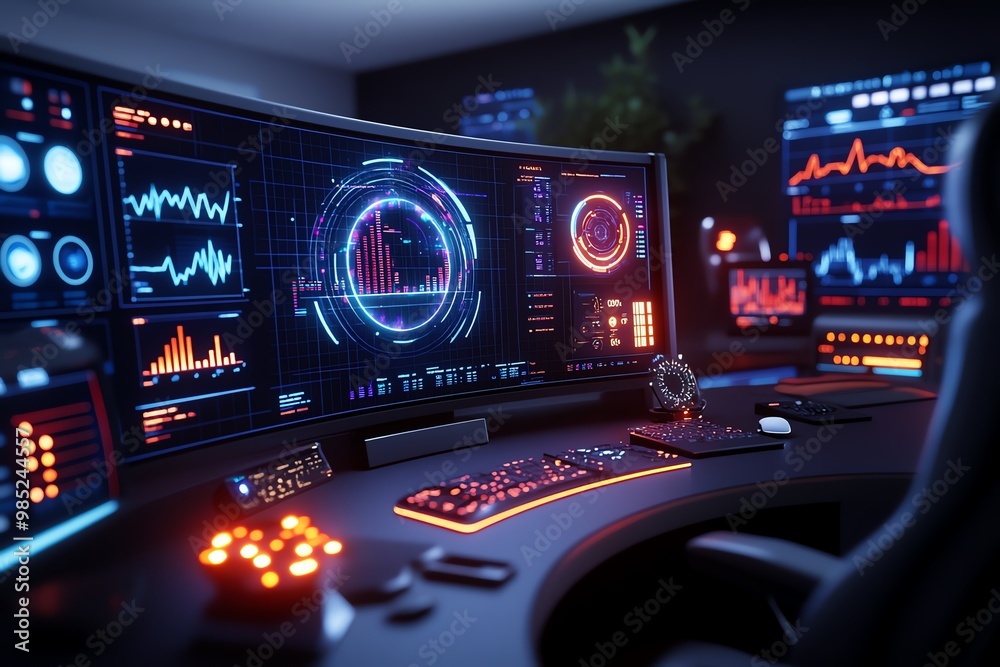 Poster futuristic analytics control center, with glowing holographic data charts and business performance m