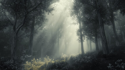 Fototapeta premium Sunrays Filtering Through Misty Trees in a Dreamlike Forest Setting