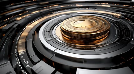 Naklejka premium A futuristic representation of a digital coin surrounded by circular patterns.