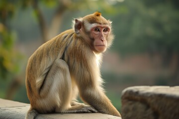 Fototapeta premium Rhesus monkey sits on stone wall, looking cute, with vibrant fur and green surroundings. Forest scenery with tree and metal railing in background. Exotic primate wildlife fauna, close-up shot.