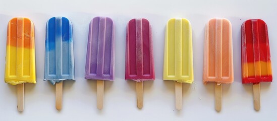 Fototapeta premium Rainbow Colored Wooden Popsicles Lined Up On A White Paper Background