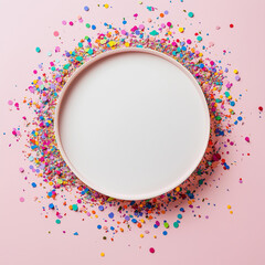 Colorful celebration background with party confetti on pink background