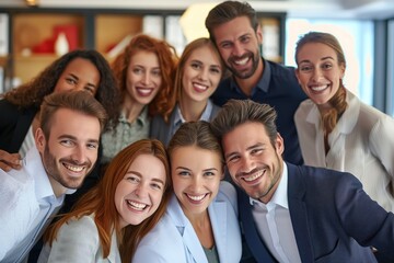 Fototapeta premium Group of business professionals smiling confidently. Colleagues posing together with happy expressions. Manager and team members looking at the camera in office setting.