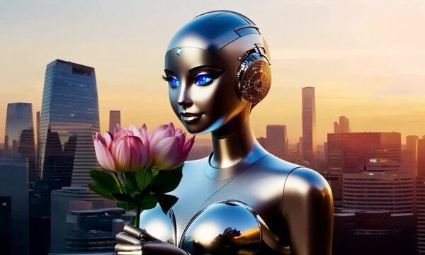A sleek, silver-skinned woman AI humanoid robot with glowing blue eyes, standing in a futuristic cityscape at sunset
