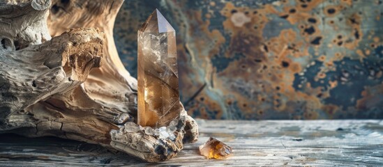 Raw Smokey Quartz Crystal Point On Old Driftwood Background