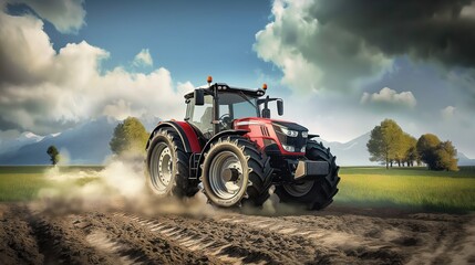 Fototapeta premium Agricultural tractor parked in rural farmland. Machine in field with dusty cloud above. Country vehicle with mechanical parts. Farmer equipment for land work and harvest.