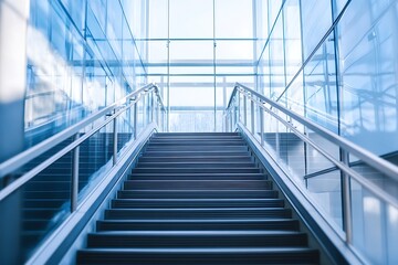 Obraz premium Modern Staircase with Glass Walls and Steel Handrail in a Corporate Office Building