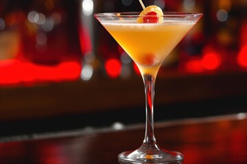 Freshly prepared martini glass filled with pink passion fruit juice, garnished with a sugar rim. The glass contains a cocktail made with vodka and passion fruit liqueur.