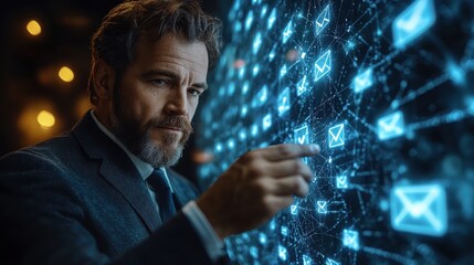 businessman presses button email marketing on virtual screens business technology ernet and network concept