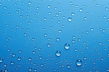 Water drops on blue surface. Transparent, fluid, hydrating droplets on flat, clean, clear water. Many water droplets on top view, creating a refreshing, colourful, beautiful, and abstract design.