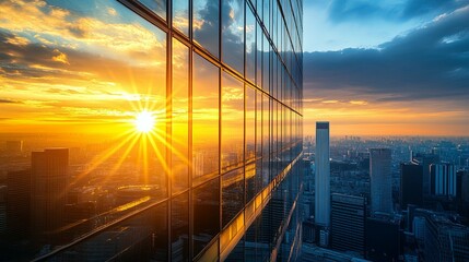 Obraz premium Sunset Reflected in Glass Facade of Skyscraper