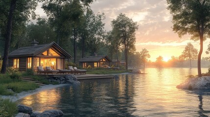 Fototapeta premium Tranquil lakeside cabins at sunset, inviting relaxation and nature.