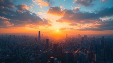 Fototapeta premium Golden Sunset Over a Dense City Skyline
