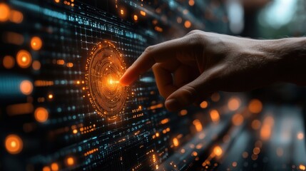 cloud technology computing concept robot pressing button on virtual screen