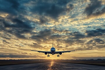 Fototapeta premium Airplane landing on runway at sunset, dramatic clouds and golden light