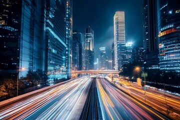 Fototapeta premium Night city traffic light trails, long exposure photography, urban landscape