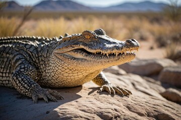 Obraz premium Crocodile Basking on a Rocky Outcrop in a Bright, Arid Landscape