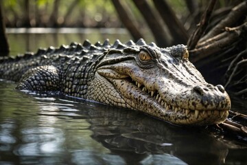 Obraz premium Crocodile Swimming Stealthily Through a Mangrove Swamp