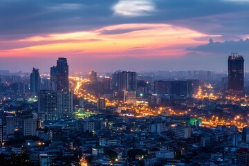 Aerial View of Cityscape at Dusk with Golden Hour Sky