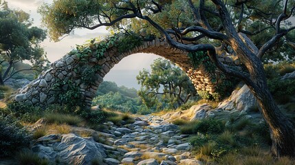 Fototapeta premium Stone Arch Bridge in a Lush Forest