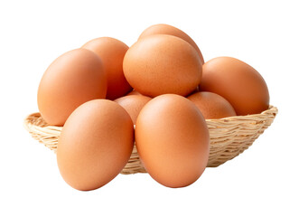 Group of fresh brown chicken eggs in stack in wicker basket is isolated on white background with clipping path.