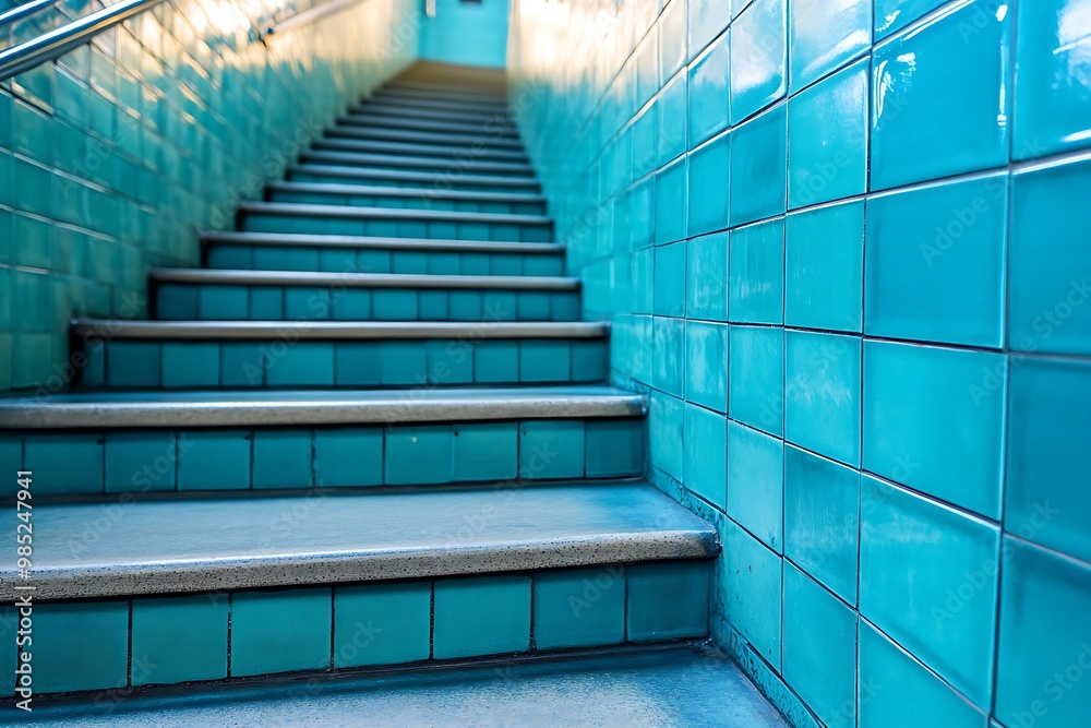 Poster Blue tiled staircase leading upwards. Modern architecture and design concept.