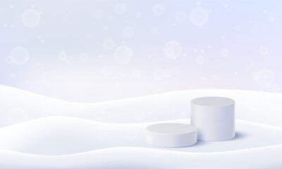 3d snow winter background. Vector pile on ground. Crystal drift floor landscape with ice hills. Pastel podium for winter sale. Snowflakes bokeh Christmas magic scene. Snowdrift background frame png