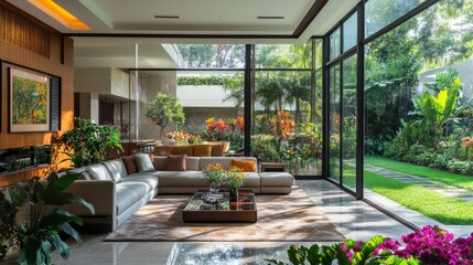 Obraz premium A luxurious home with an indoor botanical garden, where a glass wall separates the living area from a thriving park filled with colorful flowers and shrubs.