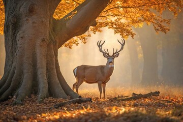 Deer Resting Under an Ancient Oak Tree in an Autumn Forest
