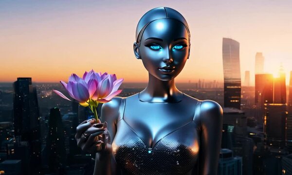 A sleek, silver-skinned woman AI humanoid robot with glowing blue eyes, standing in a futuristic cityscape at sunset