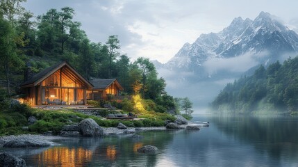 Fototapeta premium Serene lakeside cabin surrounded by mountains and lush greenery.