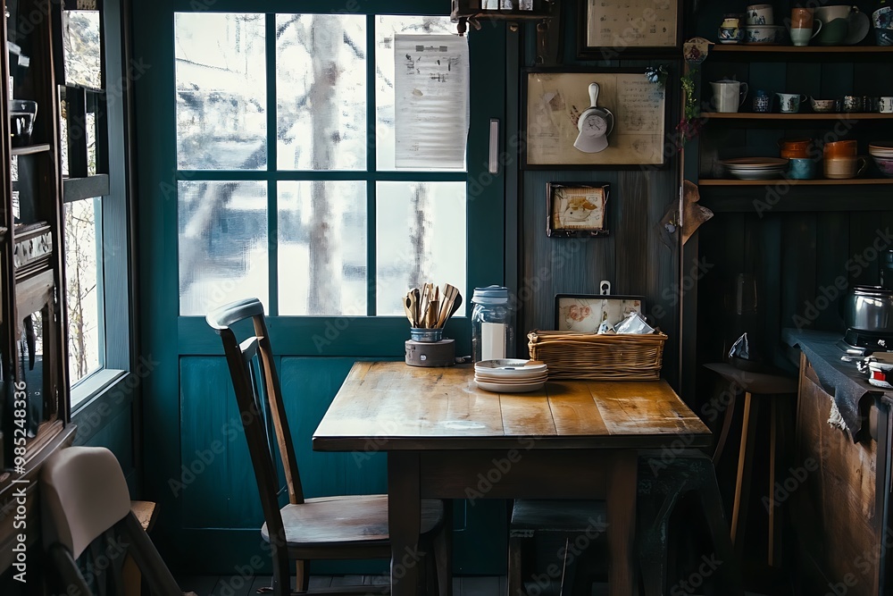 Sticker Cozy Kitchen Interior with Teal Door and Wooden Table