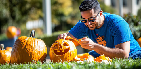 A man is carving a cartoon character's face on a pumpkin.Minimal creative Halloween holiday concept.