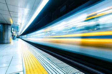 Fast moving subway train blurred in motion on the platform