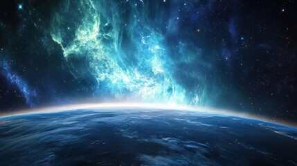 Fototapeta premium A Celestial Landscape: Earth and a Cosmic Nebula