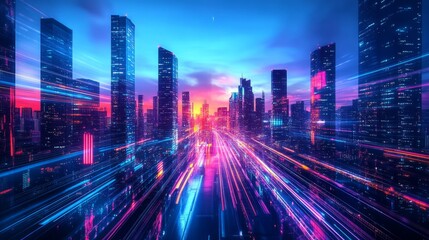 Fototapeta premium Futuristic Cityscape with Vibrant Light Trails at Dusk
