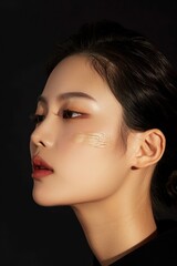 Korean model woman face portrait with elegant updo hairstyle, statement earrings, peach lipstick. Dark background, unique perspective. Beauty studio promo, high resolution photo.