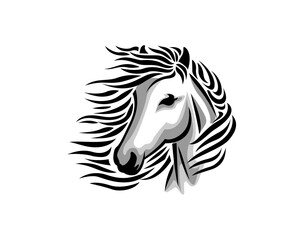 head horse with hair flying art tattoo style logo design template illustration inspiration