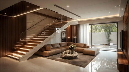 Modern Interior Design with Glass Railing Staircase - 3D Illustration