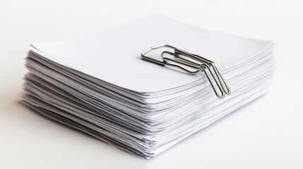 A stack of worksheets clipped together with a paper clip, transparent background for easy overlay.